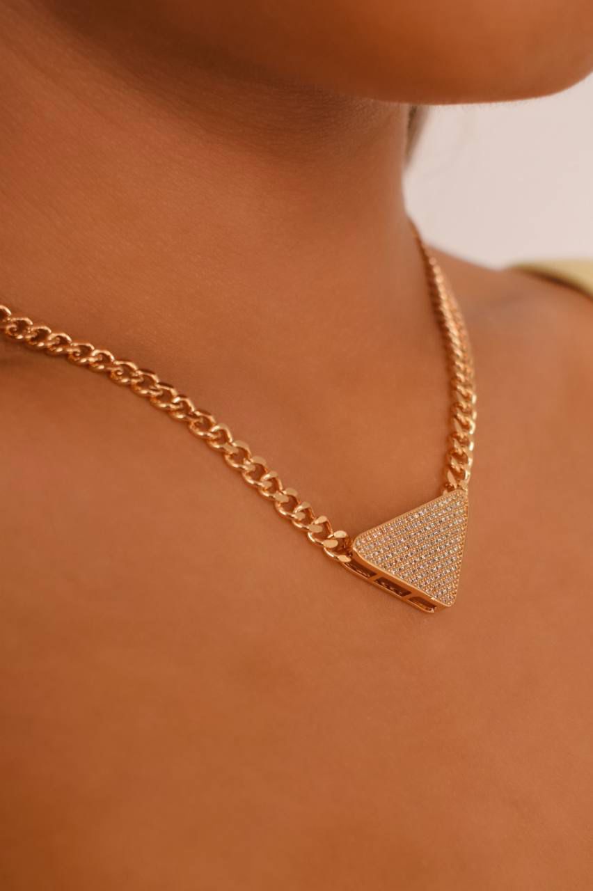 Structured Chain Necklace with Pave Triangle Pendant - Image 2